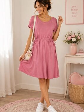 Saturday Sunday Anthropology Pink Short Sleeve Tencel Ribbed MIDI Dress Medium